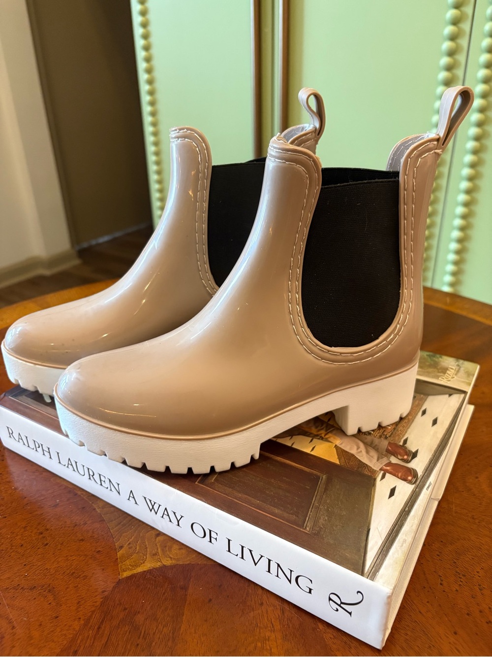 Roolee Beige Chelsea Rain Booties with White Lug Sole